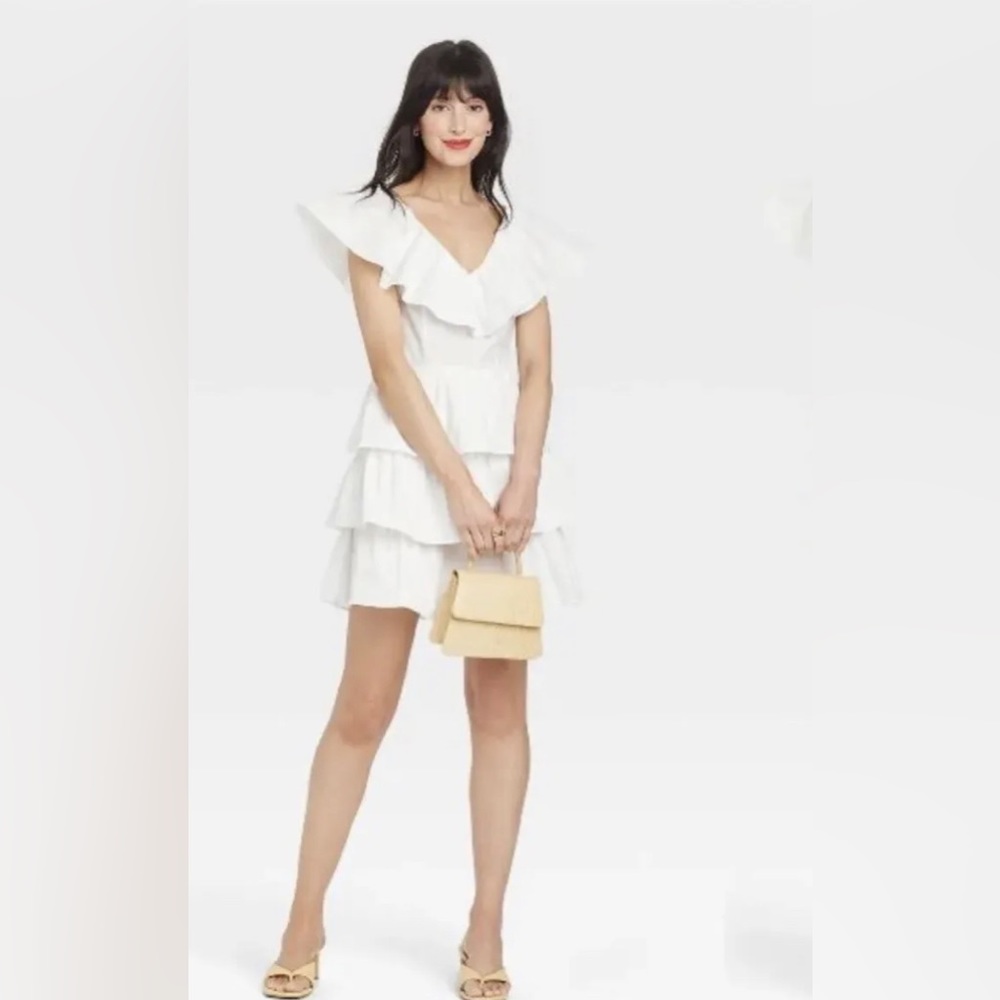A New Day Women’s NWT Size XL Mini Dress White Ruffle Tiered Flutter Sleeve